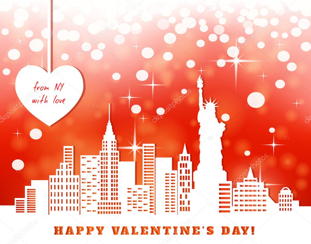 バレンタイン グリーティング カード ニューヨーク ダウンタウン 自由の女神像赤の明るい明るい背景 心に掛かっているテープ 切り絵 ベクトル イラスト ストックベクター C Zaretskaya 100444396