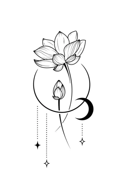 Lotus Minimaliste Dessiné Main Avec Des Éléments Célestes Étoiles Lune — Image vectorielle