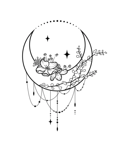 Desenho Desenhado Mão Ilustração Lua Com Flores Folhas Decorações — Vetor de Stock