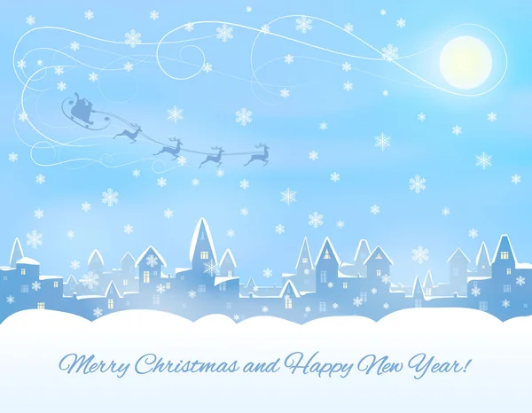 Silhouette Snowing Winter Town Congratulatory Text Santa Clous Sleight Reindeers — Stock Vector