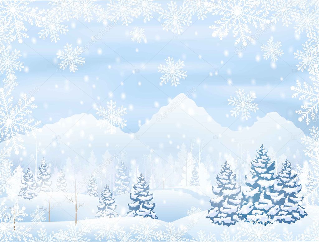 winter snowy forest scenery with mountain on horizon, and frame from snowflakes, vector illustration