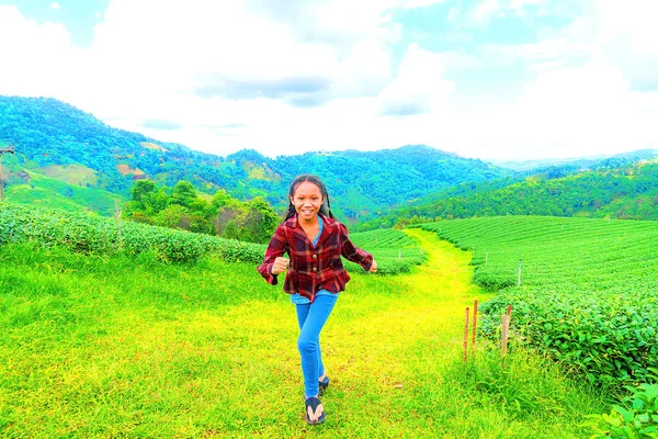 Menina e plantação de chá — Fotografia de Stock