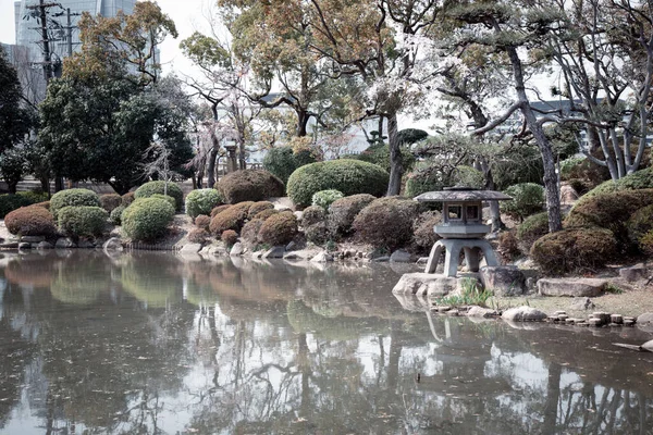 Japon Style Jardin Paysage Avec Lanternes Pierre Style Japonais Lac — Photo