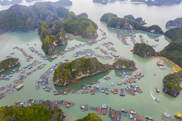 Aerial view of Floating fishing village in Lan Ha Bay, Vietnam. UNESCO World Heritage Site. Near Ha Long bay