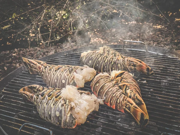 Spiny lobsters cooked and grilled on a barbecue grill in a garden