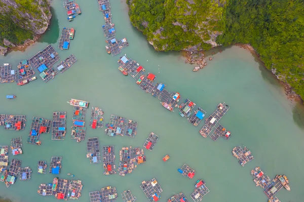 Flygfoto Över Flytande Fiskeby Lan Bay Vietnam Unescos Världsarvslista Nära — Stockfoto