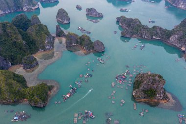 Lan Ha Körfezi, Vietnam 'da yüzen balıkçı köyünün havadan görünüşü. UNESCO Dünya Mirası Alanı. Ha Long Körfezi yakınlarında.