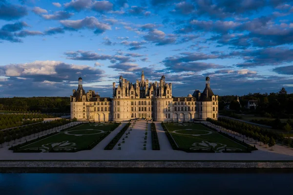 Vue Aérienne Château Chambord Avec Ses Nouveaux Jardins Français Coucher — Photo