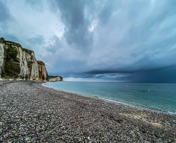 Oblázková Pláž Vápencový Útes Veulettes Sur Mer Normandie Francie — Stock fotografie