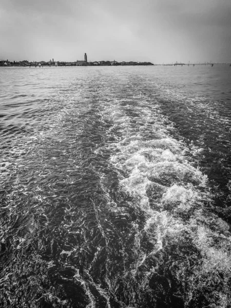 Lagoon View Boat Taxi Leaving Venice Black White Photography — Stock Photo, Image