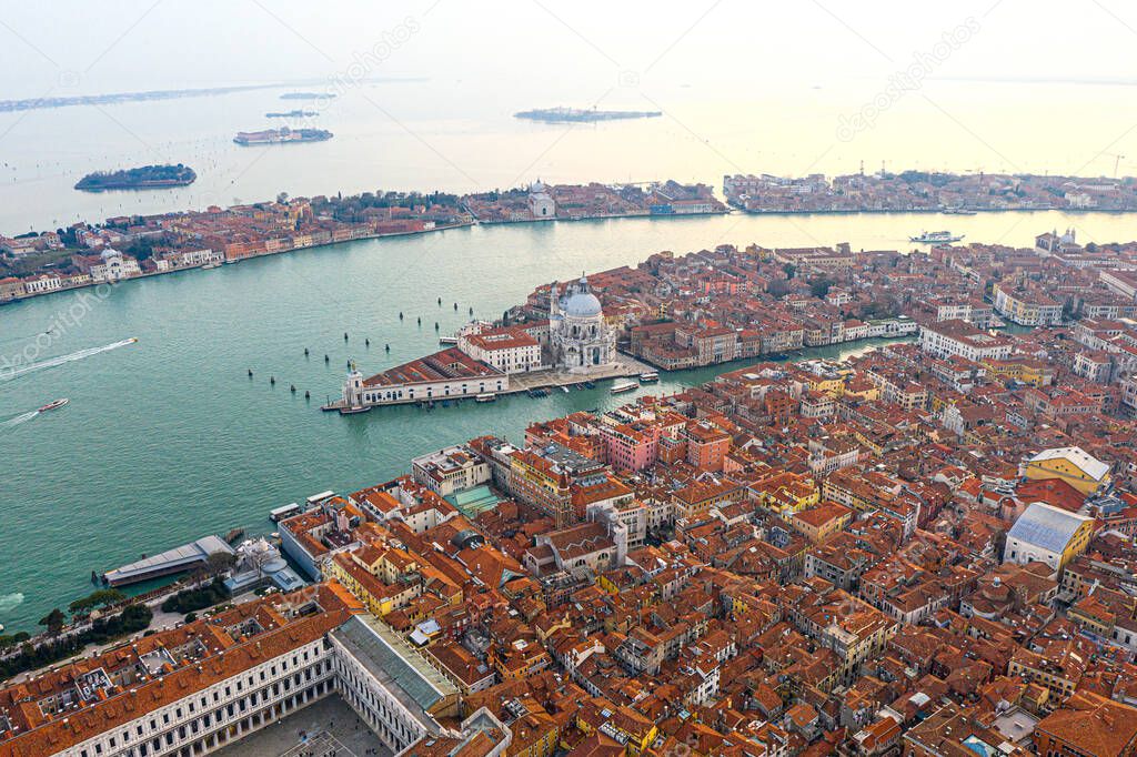 Aerial view of the Grand Canal, Basilica Santa Maria della Salute and giudecca island, Venice, Italy