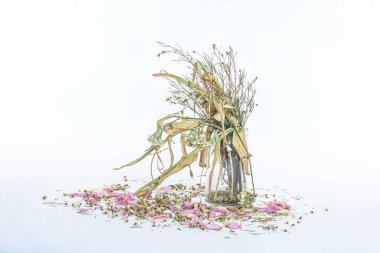 berrak cam bir vazoda solmuş çiçek buketi, vintage filtrelenmiş