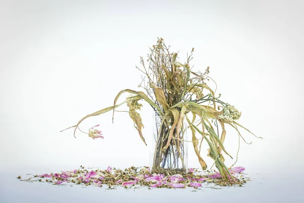 Μαραμένα Λουλούδια Μπουκέτο Ένα Γυάλινο Βάζο Vintage Φιλτραρισμένο — Φωτογραφία Αρχείου