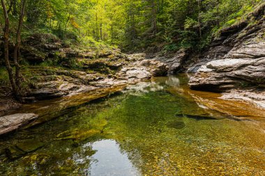 GR 70 'teki Malzac nehrinin üst manzarası, Robert Louis Stevenson Patikası, Cassagnas, Cevennes, Fransa