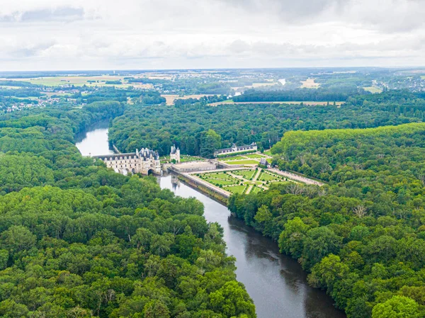 Widok Lotu Ptaka Zamek Chenonceau Loire Valley Francja Sologne — Zdjęcie stockowe