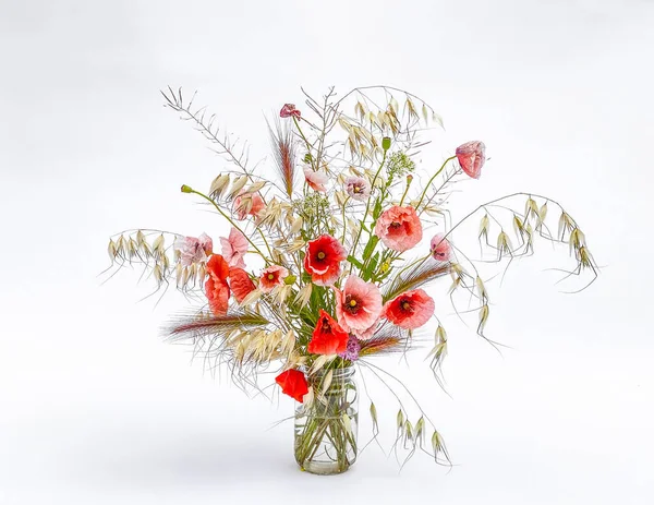 Mixed Wild Flowers Bouquet Grasses Glass Vase Poppy — 스톡 사진