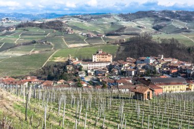 Havadan görünümü Barolo ve onun üzüm bağları, Langhe, İtalya