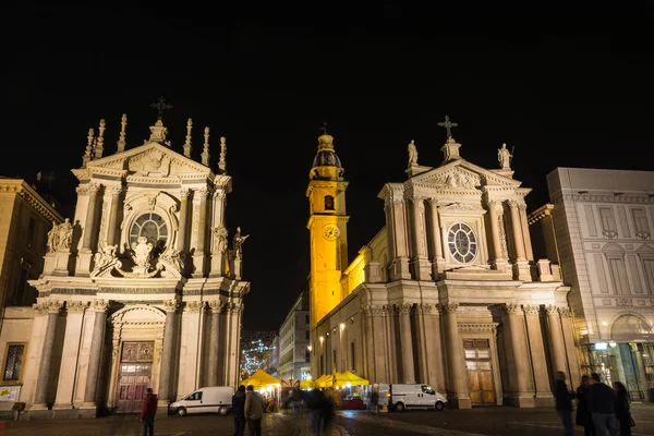 Le chiese gemelle in Piazza San Carlo di notte, Torino — Foto Stock