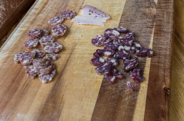 Slices of salami on a cutting board — Stock Photo, Image