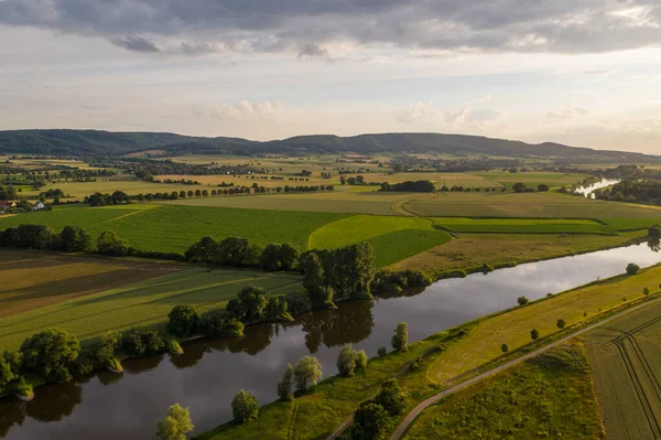 Drone panorama over river Weser , Germany .
