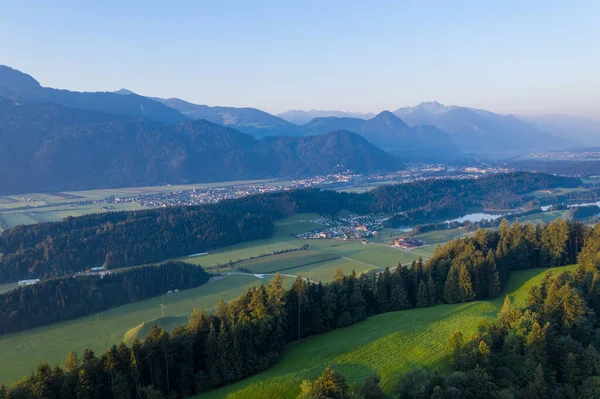 Drone panorama over Tyrol landscape, at sunrise in Austria .