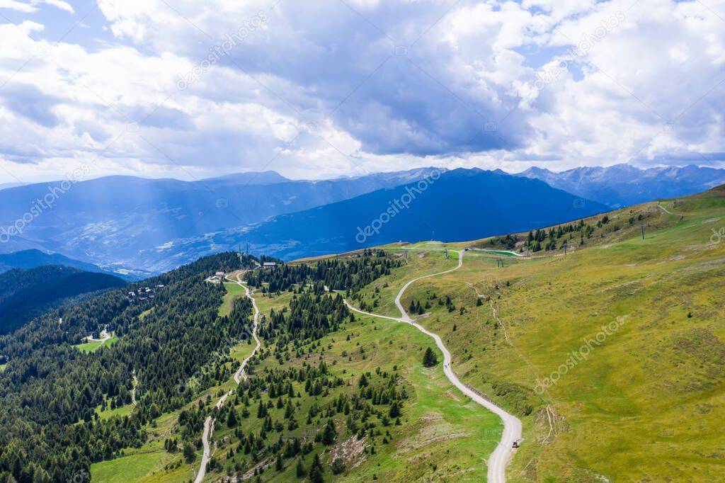 Drone panorama over Seiser Alm in South Tyrol in Italy .