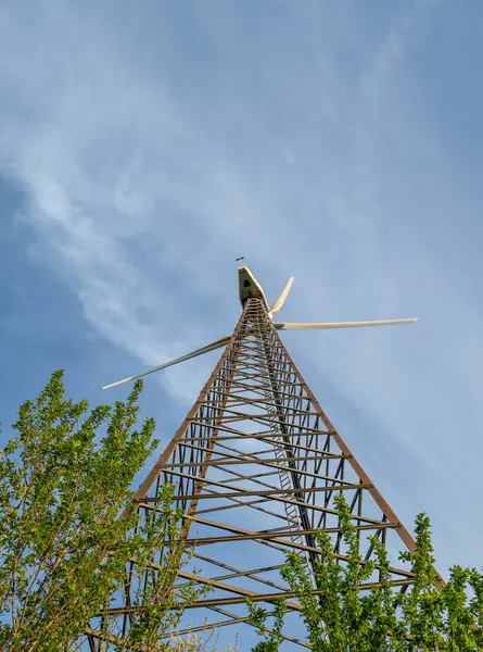 Windmühle Und Grüne Zweige Gegen Blauen Himmel Sonnenschein — Stockfoto