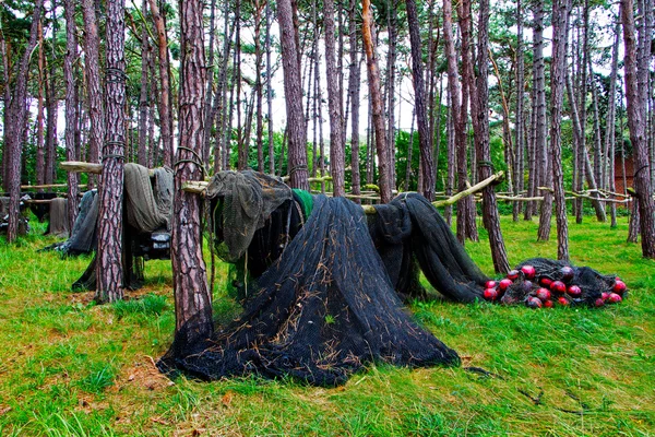 Redes de pesca em palafitas de madeira na floresta — Fotografia de Stock