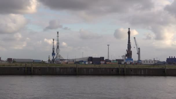 Kranen in habor van Hamburg op de rivier Elbe — Stockvideo