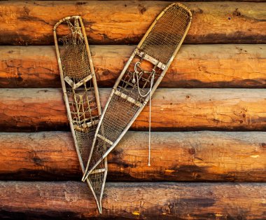 pair of old snow shoes on a wooden wall clipart