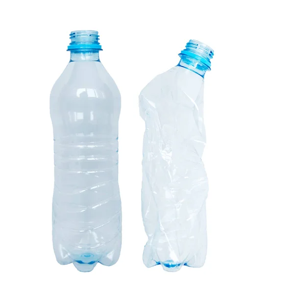 Two plastic bottles, one whole second crumpled, ecology. On white background — Stock Photo, Image