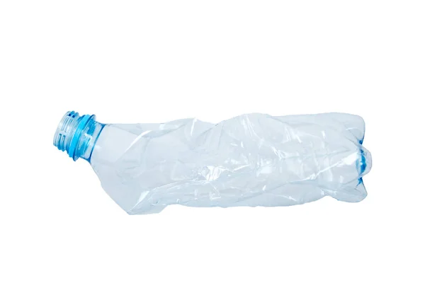 An empty smashed blue plastic bottle, isolated on white background — Stock Photo, Image