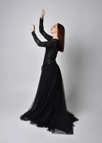 Full Length Portrait Woman Wearing Black Gothic Dress Standing Pose — Stock Photo, Image