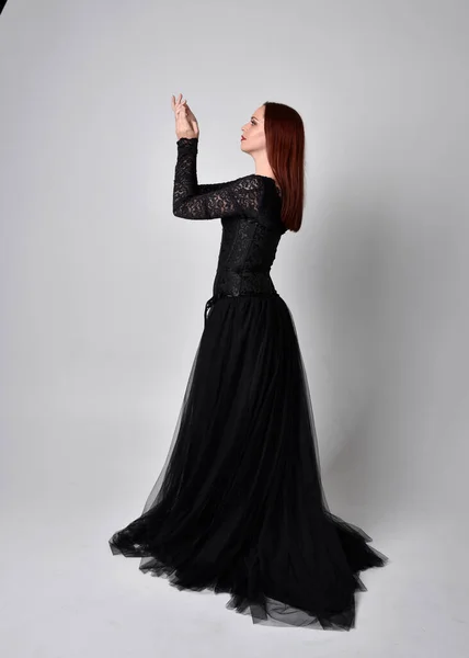 Full Length Portrait Woman Wearing Black Gothic Dress Standing Pose — Stock Photo, Image