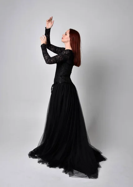 Full Length Portrait Woman Wearing Black Gothic Dress Standing Pose — Stock Photo, Image