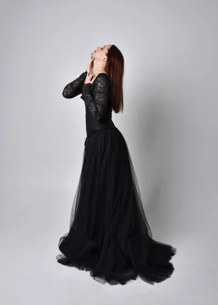 Full Length Portrait Woman Wearing Black Gothic Dress Standing Pose — Stock Photo, Image