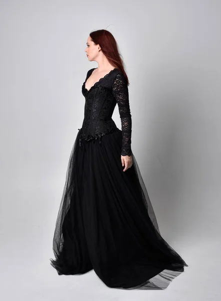 Full Length Portrait Woman Wearing Black Gothic Dress Standing Pose — Stock Photo, Image