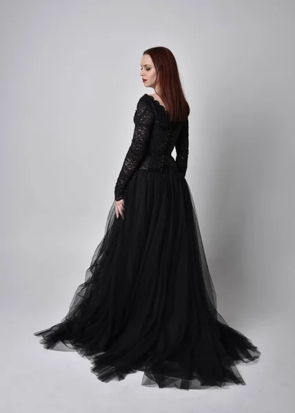 Full Length Portrait Woman Wearing Black Gothic Dress Standing Pose — Stock Photo, Image