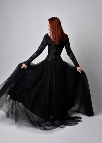 Full Length Portrait Woman Wearing Black Gothic Dress Standing Pose — Stock Photo, Image