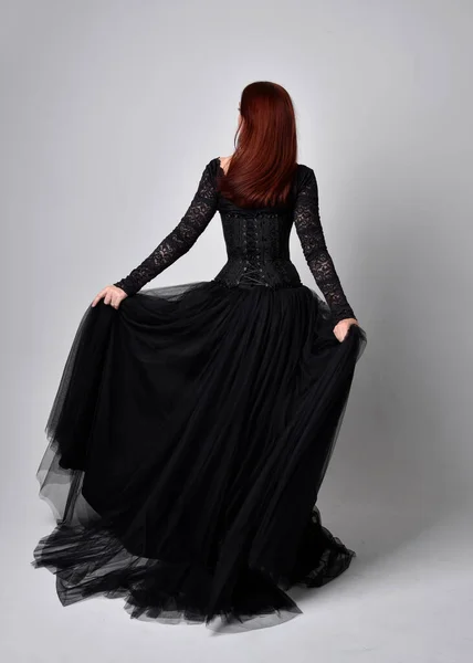 Full Length Portrait Woman Wearing Black Gothic Dress Standing Pose — Stock Photo, Image