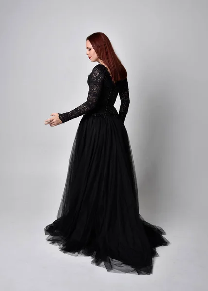 Full Length Portrait Woman Wearing Black Gothic Dress Standing Pose — Stock Photo, Image