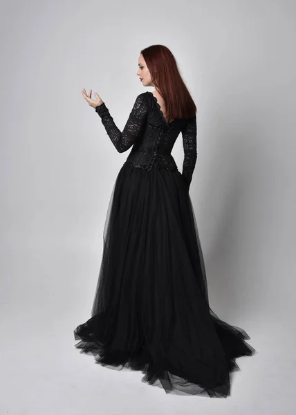 Full Length Portrait Woman Wearing Black Gothic Dress Standing Pose — Stock Photo, Image