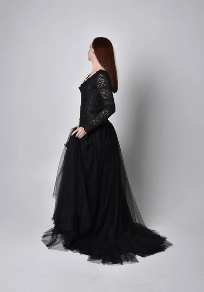 Full Length Portrait Woman Wearing Black Gothic Dress Standing Pose — Stock Photo, Image