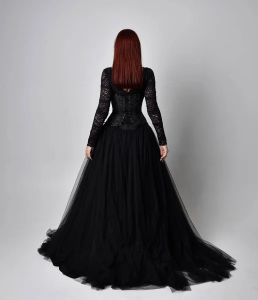 Full Length Portrait Woman Wearing Black Gothic Dress Standing Pose — Stock Photo, Image