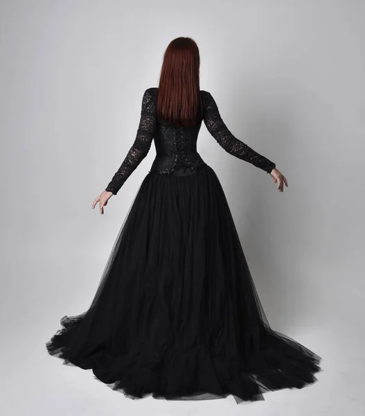 Full Length Portrait Woman Wearing Black Gothic Dress Standing Pose — Stock Photo, Image