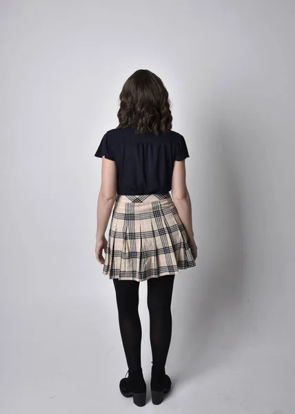 Full Length Portrait Pretty Brunette Woman Wearing Tartan Skirt Boots — Stock Photo, Image