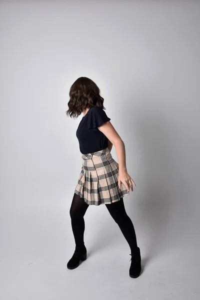 Full Length Portrait Pretty Brunette Woman Wearing Tartan Skirt Blouse — Stock Photo, Image