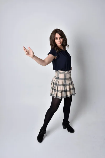 Full Length Portrait Pretty Brunette Woman Wearing Tartan Skirt Blouse — Stock Photo, Image