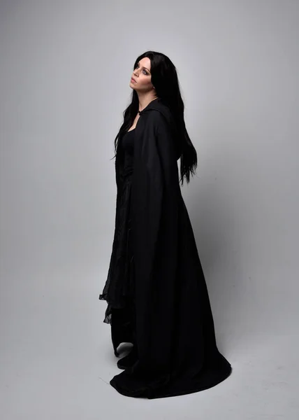 Full Length Portrait Pretty Black Haired Woman Wearing Long Dark — Stock Photo, Image