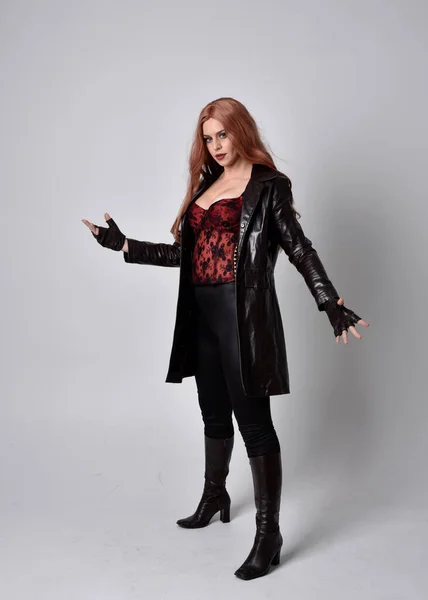 Full Length Portrait Woman Long Red Hair Wearing Dark Leather — Stock Photo, Image